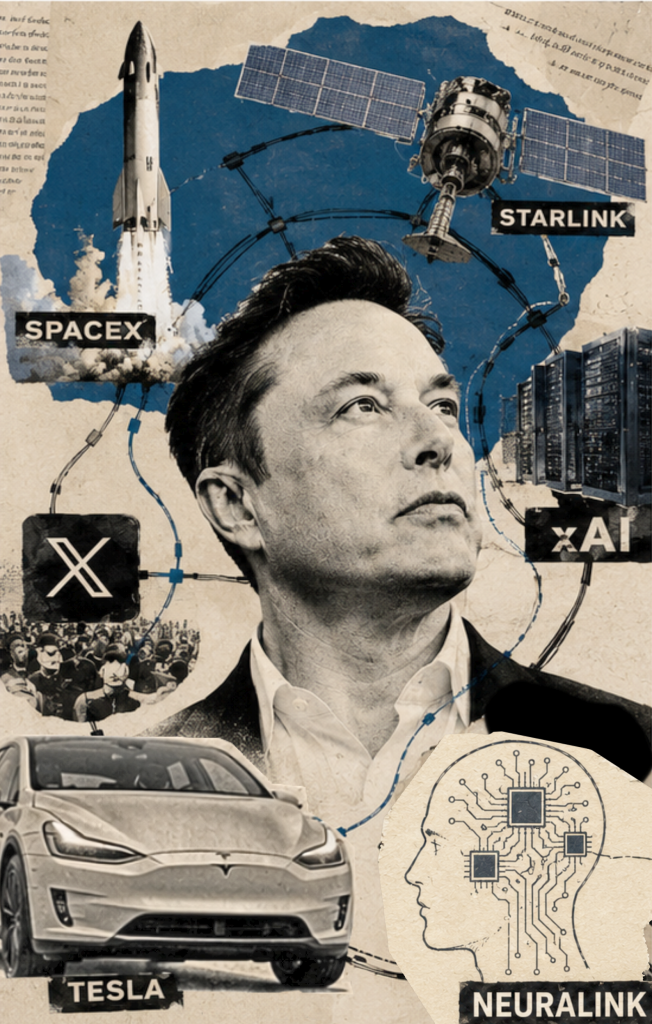 Collage editorial de Elon Musk rodeado de sus empresas — SpaceX, Starlink, Tesla, X, xAI y Neuralink — conectadas en un bucle, el Ouroboros de Musk